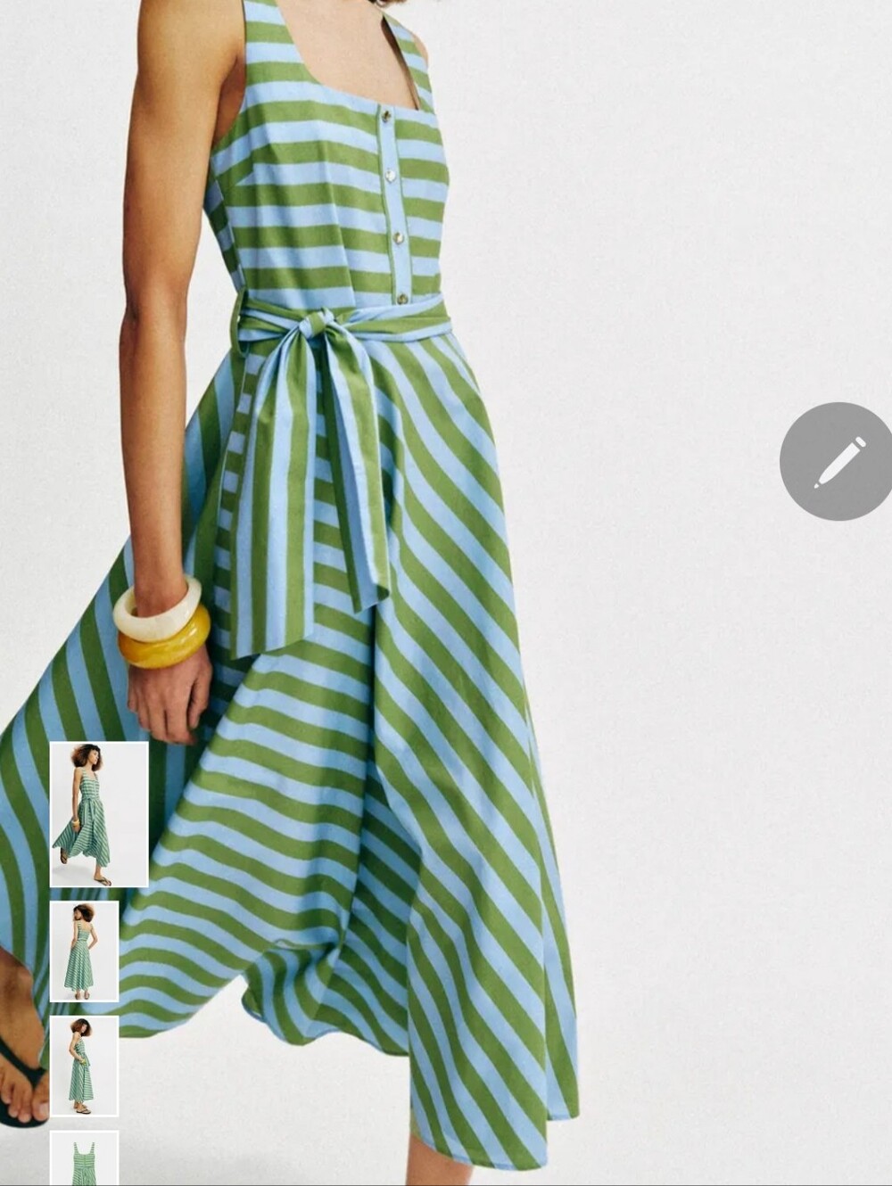 Zara Green and Light Blue Striped Midi Dress with Waist Tie - Picture 5 of 16